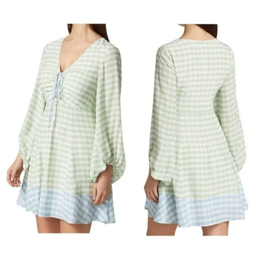 STAUD Olivier Gingham Mini Dress Green Blue Size 2 NWT